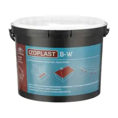 Czarny wiaderko z etykietą "IZOPLAST B-W" i grafikami przedstawiającymi izolację fundamentów i dachu.