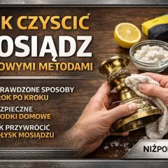 Jak wyczyścić mosiądz domowymi metodami? Zobacz sprawdzone sposoby na przywrócenie blasku. Na zdjęciu widać mosiężny świecznik, cytrynę, sól i gąbkę.
