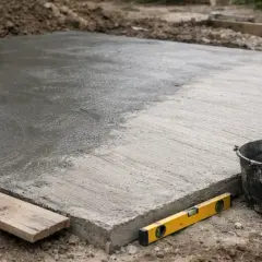 Świeżo wylany, mokry beton na placu budowy. Obok wiadro, poziomica i deska. Szybki beton to klucz do sprawnego postępu prac.