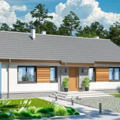 Nowy, nowoczesny dom parterowy do 100m. Elegancka elewacja, szary dach, drewniane detale. Idealny na spokojne życie.