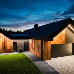 Nowoczesny dom z elementami miedzianymi, idealny przykład, z czego budować dom. Oświetlenie podkreśla jego architekturę.