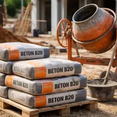 Stos worków z betonem B20 na palecie, obok betoniarki. Sprawdź, jaka jest aktualna kubik betonu cena i zacznij budowę!