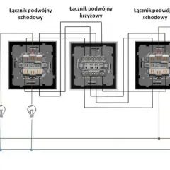 Schemat jak podłączyć włącznik światła podwójny trzy przewody: schodowy, krzyżowy, schodowy.