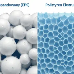 Porównanie polistyrenu ekspandowanego (EPS) z białymi kulkami i polistyrenu ekstrudowanego (XPS) z niebieską strukturą plastra miodu.