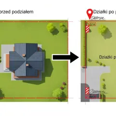 Ilustracja przedstawia podział działki: przed podziałem z domem i po podziale na mniejsze części.