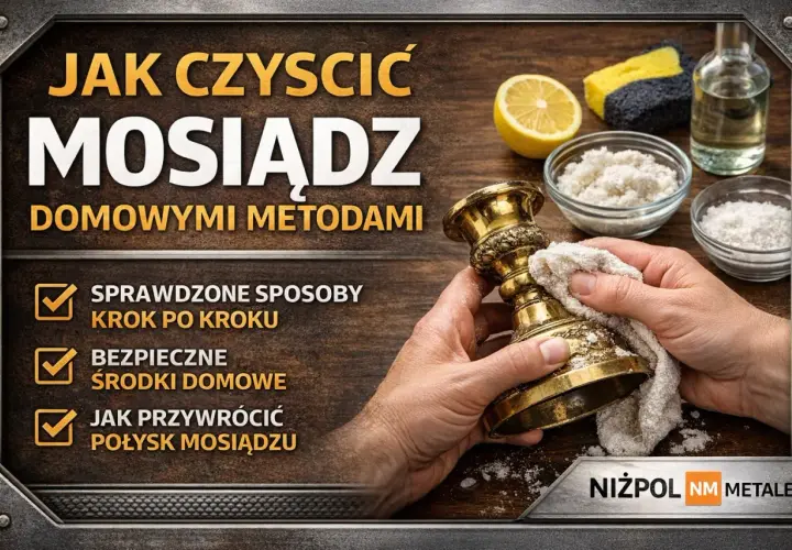 Jak wyczyścić mosiądz domowymi metodami? Zobacz sprawdzone sposoby na przywrócenie blasku. Na zdjęciu widać mosiężny świecznik, cytrynę, sól i gąbkę.