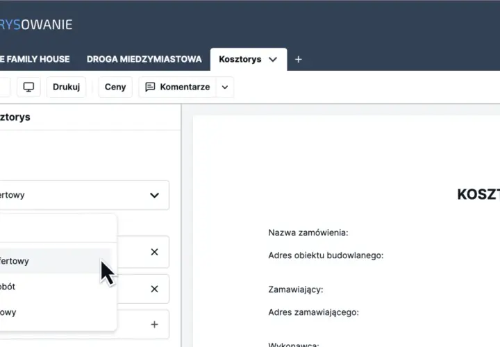 Wybieranie szablonu "Kosztorys ofertowy" do eksportu kosztorysu inwestorskiego.