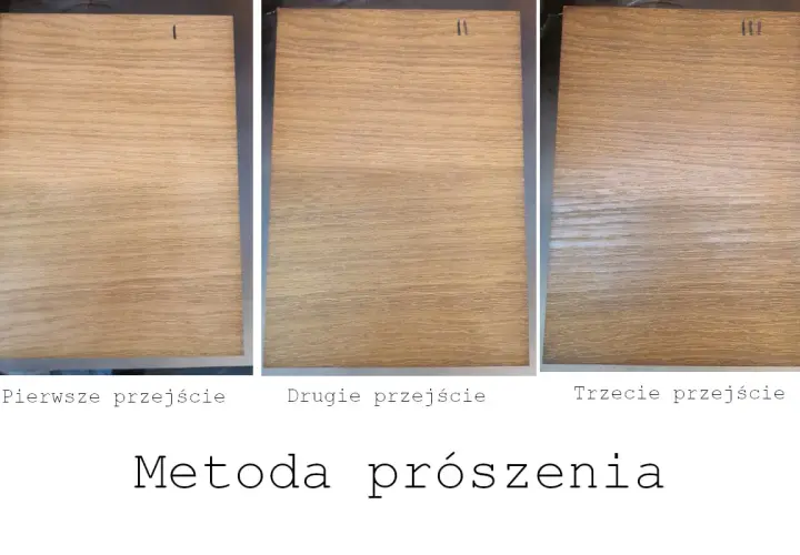Trzy próbki drewna dębowego po kolejnych etapach metody prószenia. Widać stopniowe rozjaśnianie powierzchni.