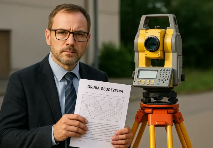 Mężczyzna w garniturze trzyma opinię geodezyjną obok tachimetru geodezyjnego.