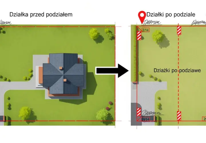 Ilustracja przedstawia podział działki: przed podziałem z domem i po podziale na mniejsze części.