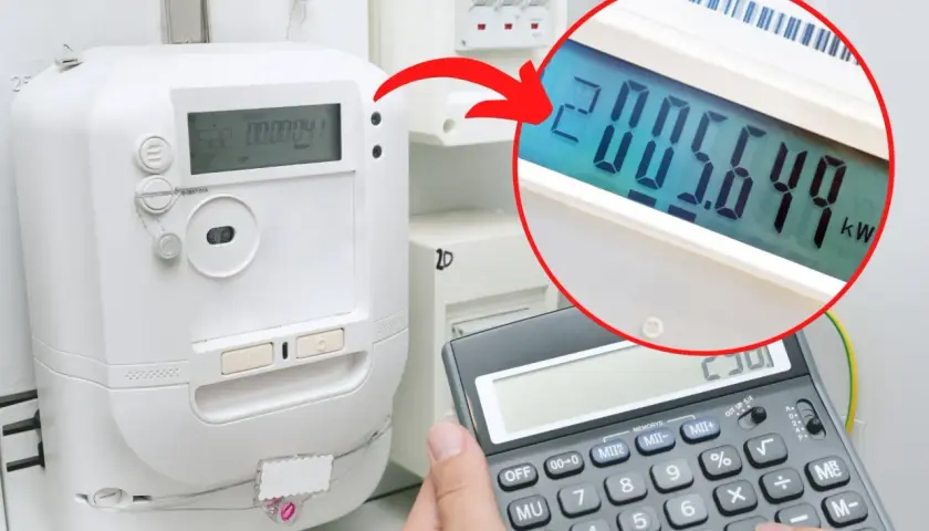 Jak odczytać licznik prądu? Cyfrowy licznik pokazuje 2005.649 kWh. Kalkulator obok sugeruje obliczenia.