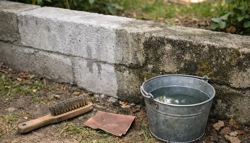 Jak odnowić stary murek betonowy? Metalowa szczotka, papier ścierny i wiadro z wodą czekają, by przywrócić mu dawny blask.