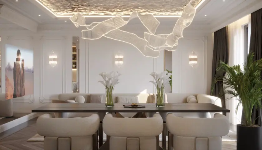 Nowoczesny salon z lustrzanym sufitem napinanym, który dodaje blasku. Wady? Brak, tylko elegancja.