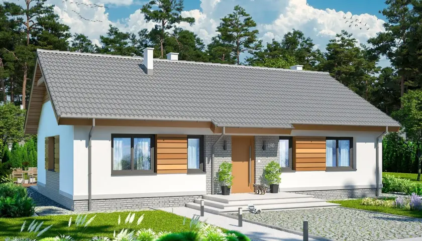 Nowoczesny, parterowy dom z drewnianymi elementami. Idealny przykład projektów domów prostych i tanich w budowie, z pięknym ogrodem.