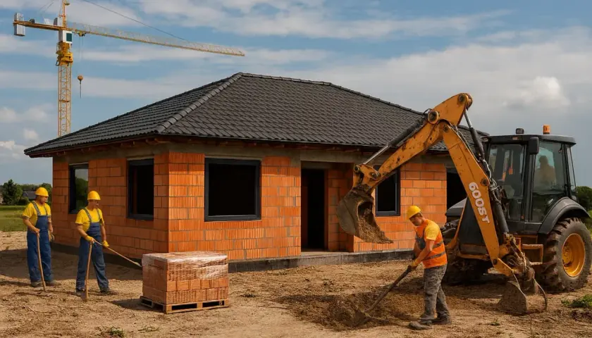 Budowa domu w toku: koparka pracuje, budowlańcy układają cegły, a dźwig czeka na swoją kolej. Zastanawiasz się, ile trwa budowa domu?