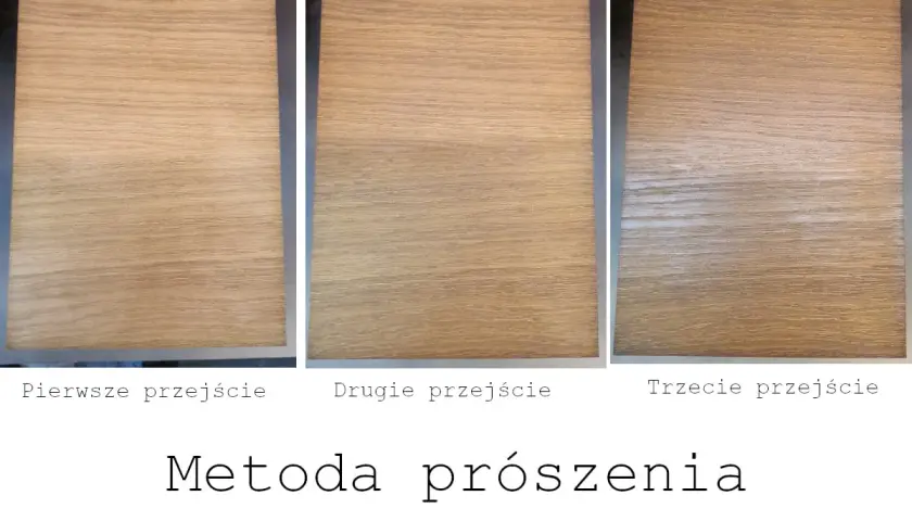 Trzy próbki drewna dębowego po kolejnych etapach metody prószenia. Widać stopniowe rozjaśnianie powierzchni.