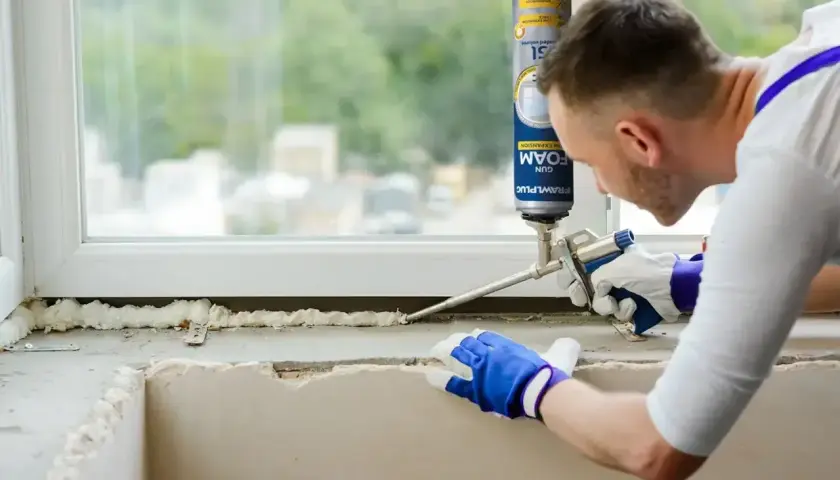 Mężczyzna w rękawiczkach nakłada piankę montażową na parapet. Czas, ile schnie pianka montażowa, zależy od warunków.