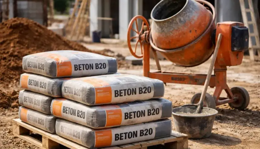 Stos worków z betonem B20 na palecie, obok betoniarki. Sprawdź, jaka jest aktualna kubik betonu cena i zacznij budowę!