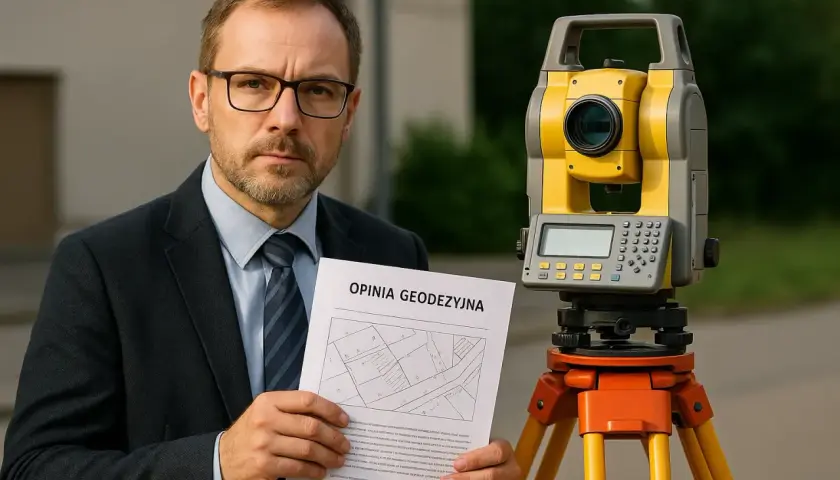 Mężczyzna w garniturze trzyma opinię geodezyjną obok tachimetru geodezyjnego.