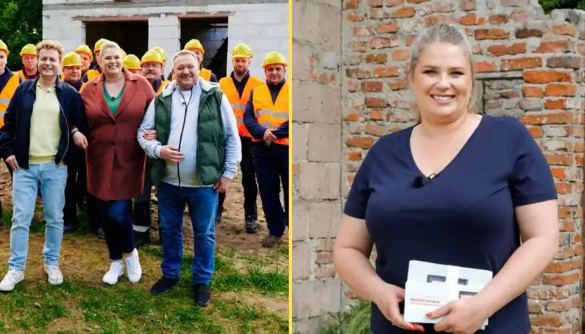 Uśmiechnięci ludzie w kaskach i kamizelkach na budowie, obok kobieta z książką.