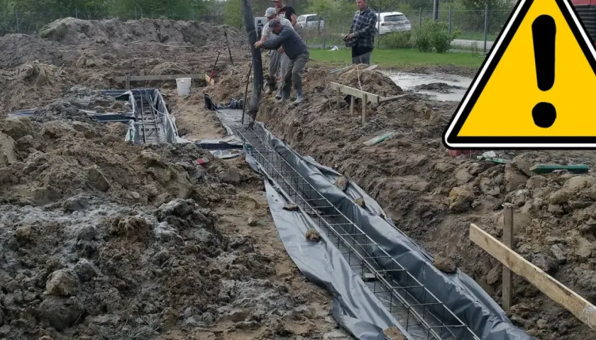 Budowa fundamentów: wylewanie betonu na zbrojenie. Widać wykop, ławy fundamentowe i pracowników.
