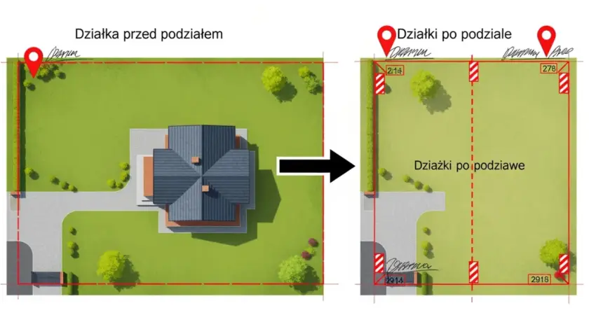 Ilustracja przedstawia podział działki: przed podziałem z domem i po podziale na mniejsze części.