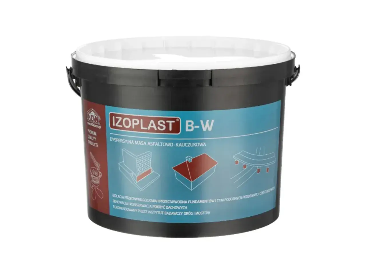 Czarny wiaderko z etykietą "IZOPLAST B-W" i grafikami przedstawiającymi izolację fundamentów i dachu.