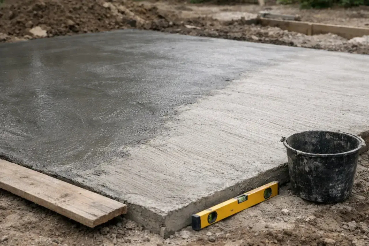Świeżo wylany, mokry beton na placu budowy. Obok wiadro, poziomica i deska. Szybki beton to klucz do sprawnego postępu prac.