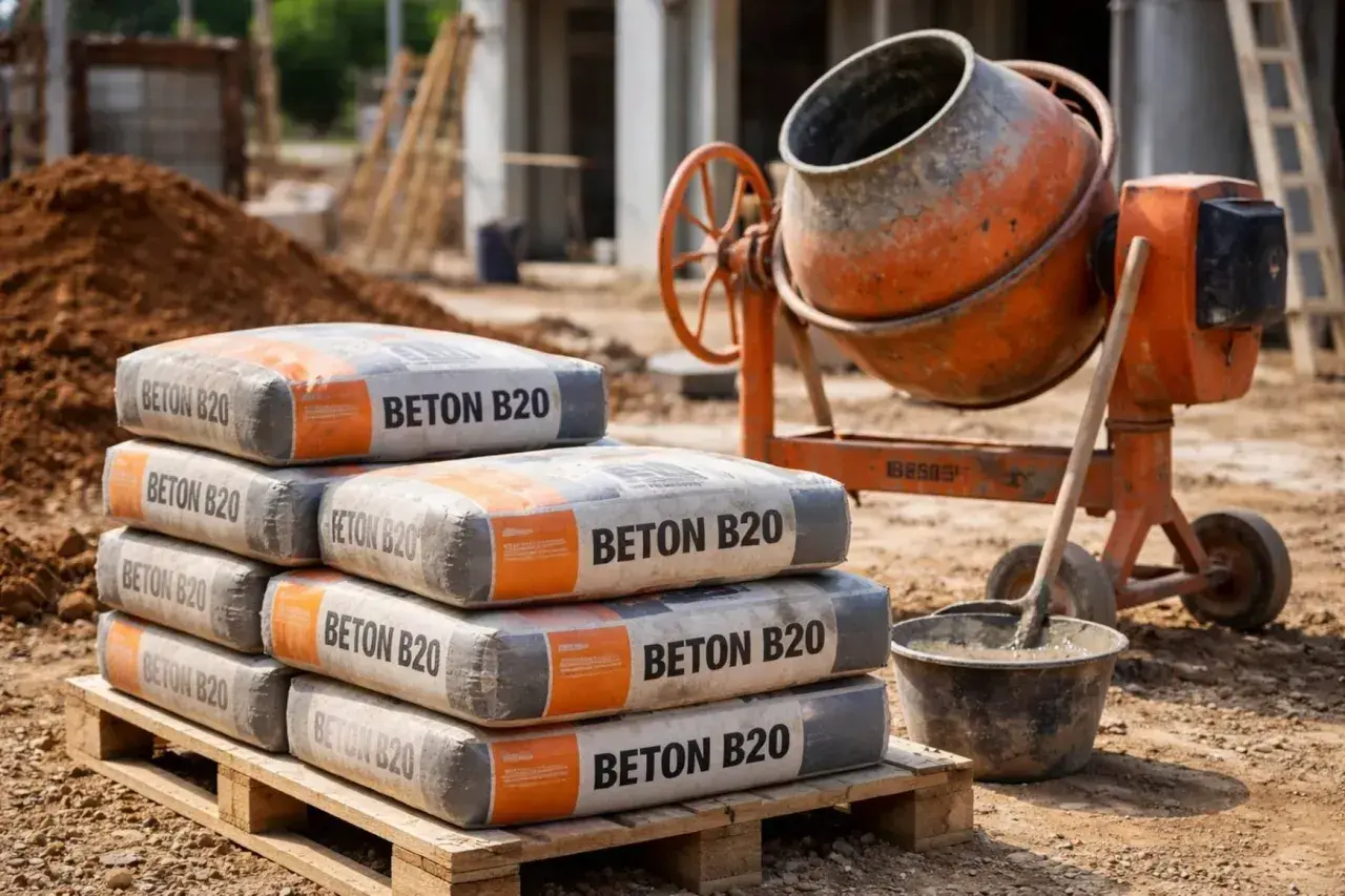 Stos worków z betonem B20 na palecie, obok betoniarki. Sprawdź, jaka jest aktualna kubik betonu cena i zacznij budowę!