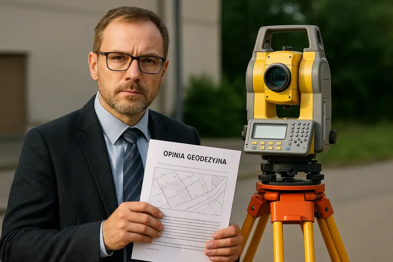 Mężczyzna w garniturze trzyma opinię geodezyjną obok tachimetru geodezyjnego.