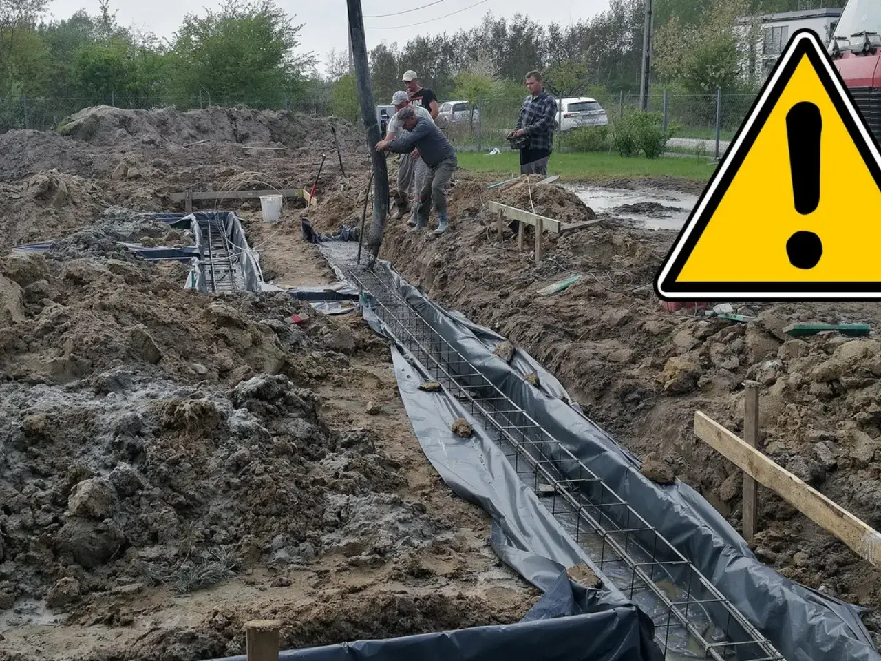 Budowa fundamentów: wylewanie betonu na zbrojenie. Widać wykop, ławy fundamentowe i pracowników.