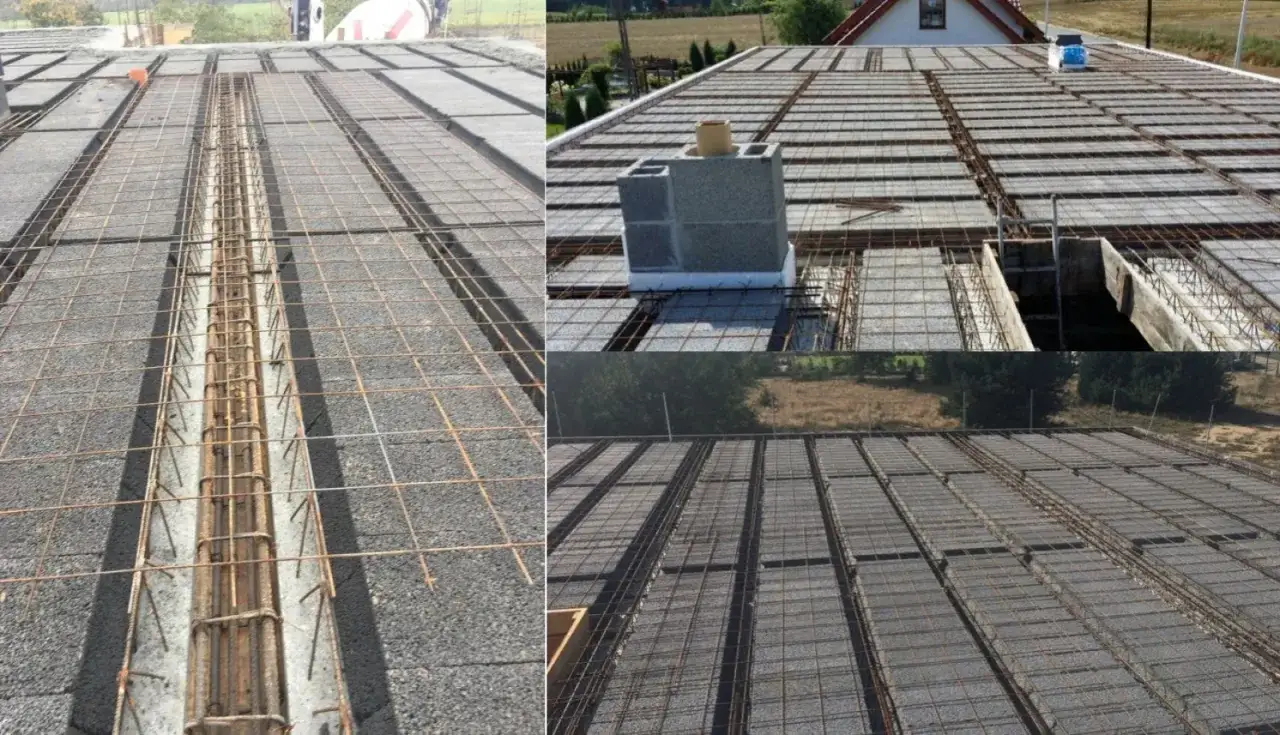 Siatka zbrojeniowa na stropie, gotowa do zalania betonem. Sprawdź aktualną stal zbrojeniowa cenę!