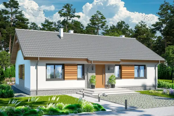 Nowy, nowoczesny dom parterowy do 100m. Elegancka elewacja, szary dach, drewniane detale. Idealny na spokojne życie.